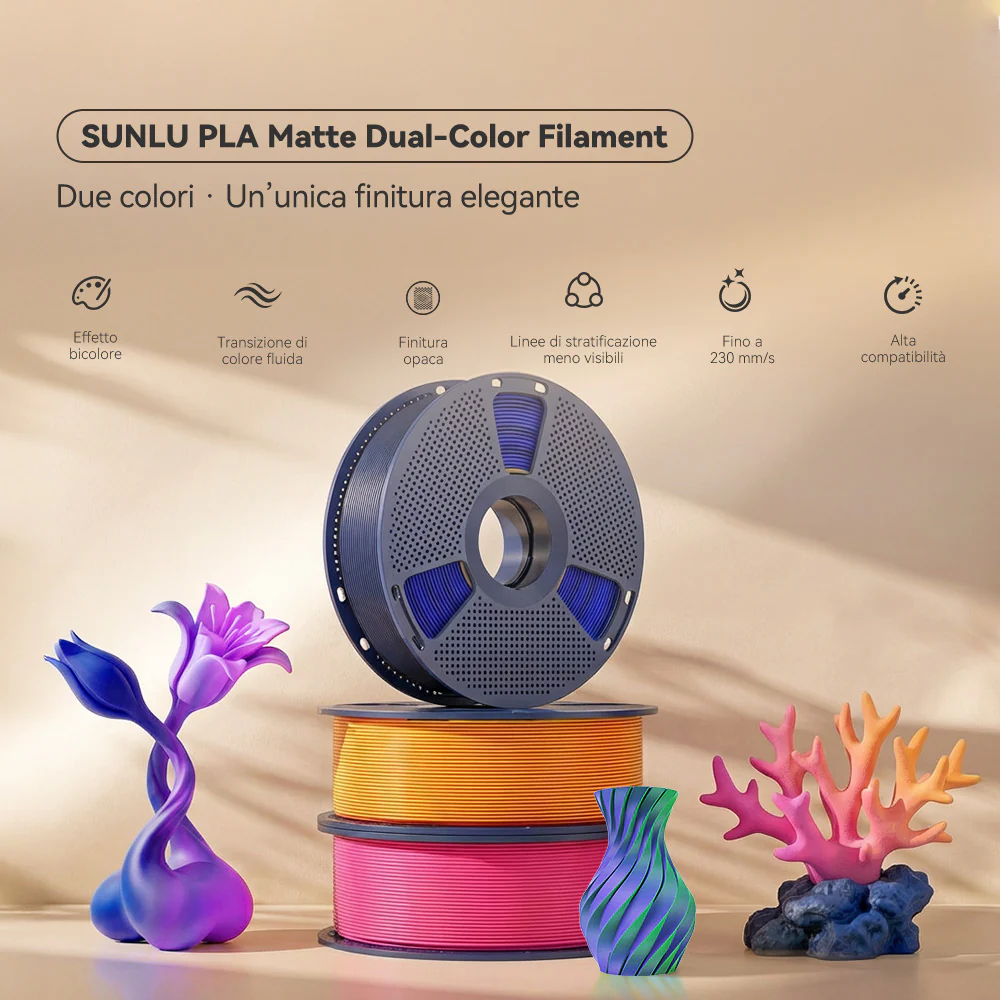 [MOQ: 3KG] SUNLU PLA Matte Dual-Color Filamento PLA opaco bicolore 1KG- Transizioni Bicolori Senza Soluzione di Continuità e Finitura Matte Morbida - Image 2